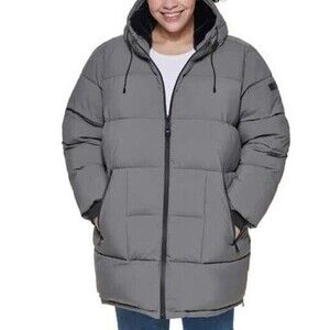 NWT DKNY WOMEN'S HOODED LONG PUFFER COAT JACKET DARK GRAY XXL